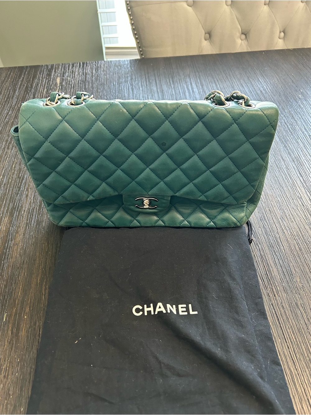 CHANEL Quilted Shoulder Bag in Teal Green with Silver Hardware